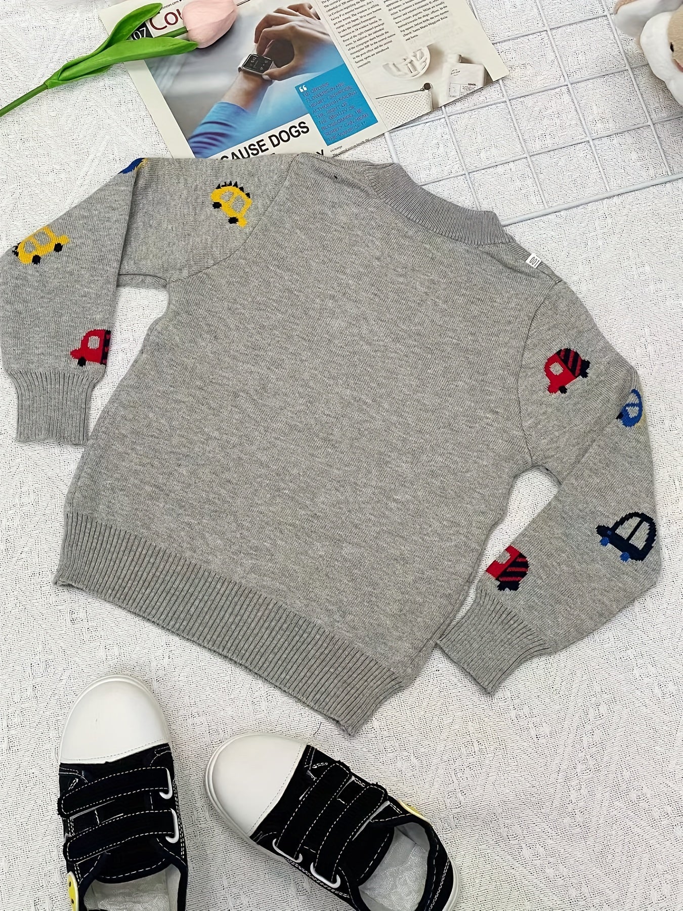 Kids Knit Sweater Cartoon Cars Graphic Print Pullover Sweater Tops