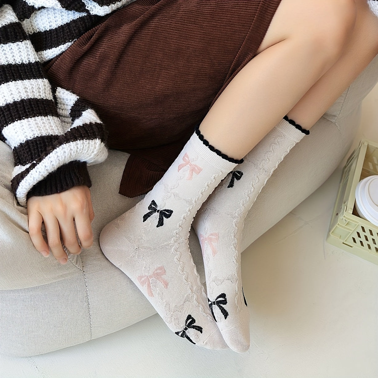 5 Pairs Floral & Bow Print Socks Women's Stockings & Hosiery