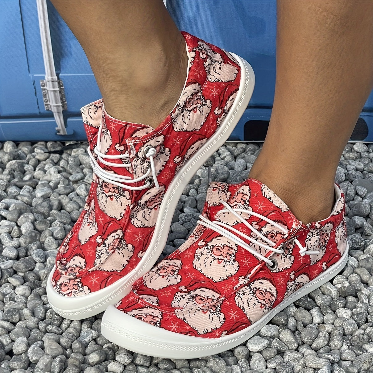 Christmas Red Beard Old Man Cartoon Pattern Lace Up Flat Shoes