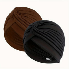2pcs Pleated Elastic Turban Cap Solid Head Wraps Casual Hijab Hats