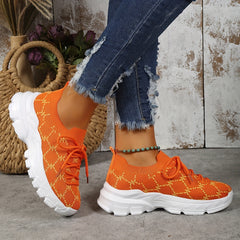 Women's Geometric Pattern Lace Up Sneakers Breathable Knit Chunky Shoes