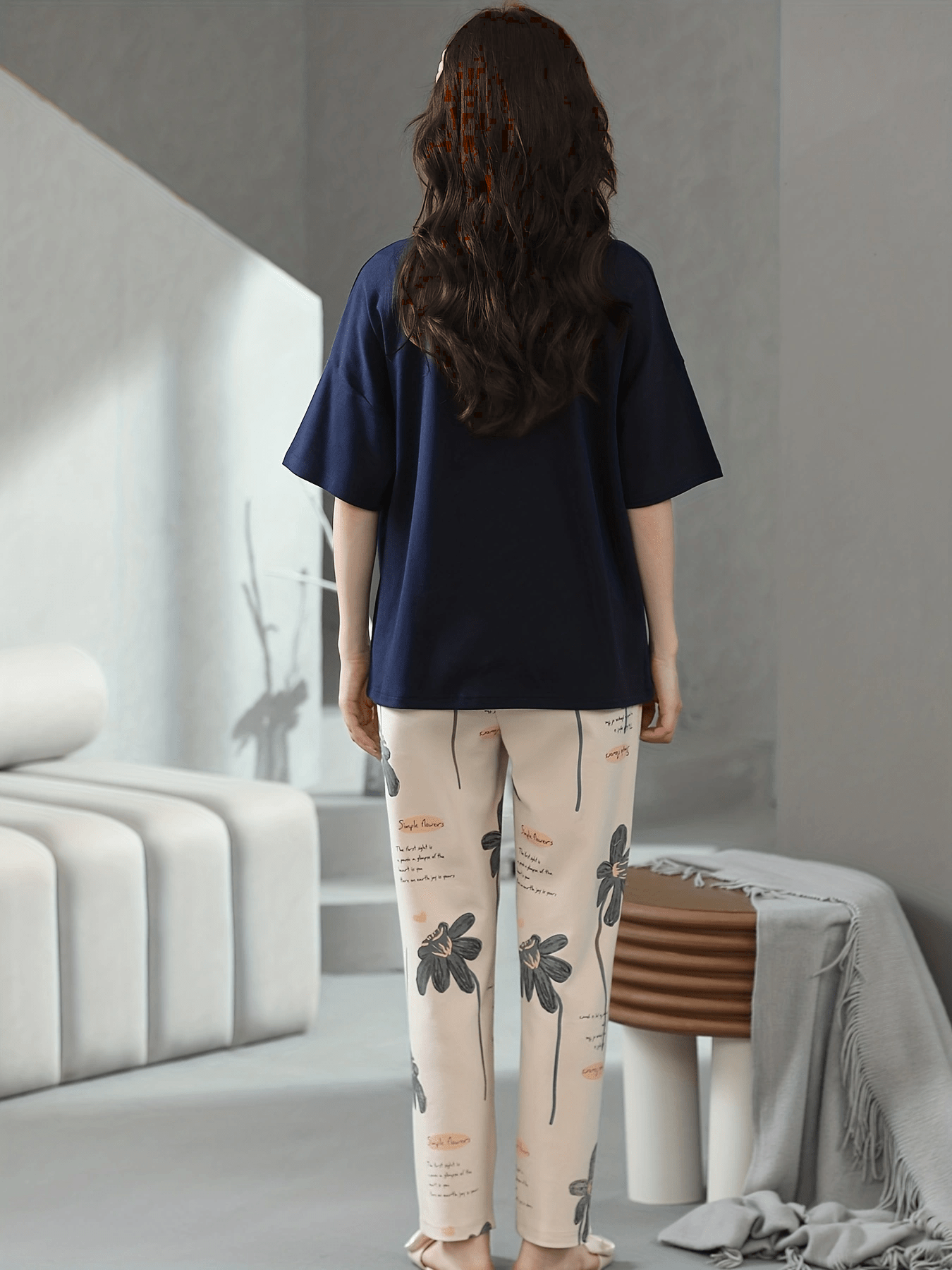 Floral Print Lounge Set Short Sleeve Top & Pants Women's Loungewear