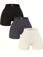 3pcs Ribbed Solid Yoga Sports Shorts High Waist