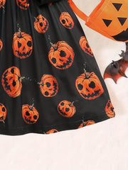 2pcs Pumpkin Head Halloween Dress & Candy Bag Set