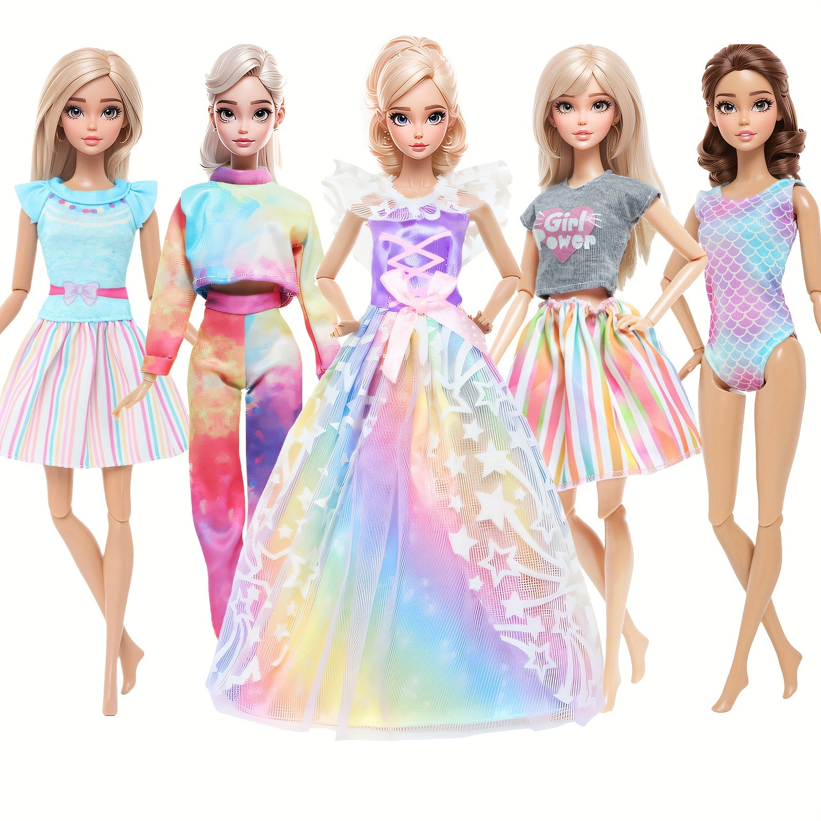 5pc 11.5in Girl Doll Clothes Set: Princess Dresses, Skirts, Outfits, Swimsuits