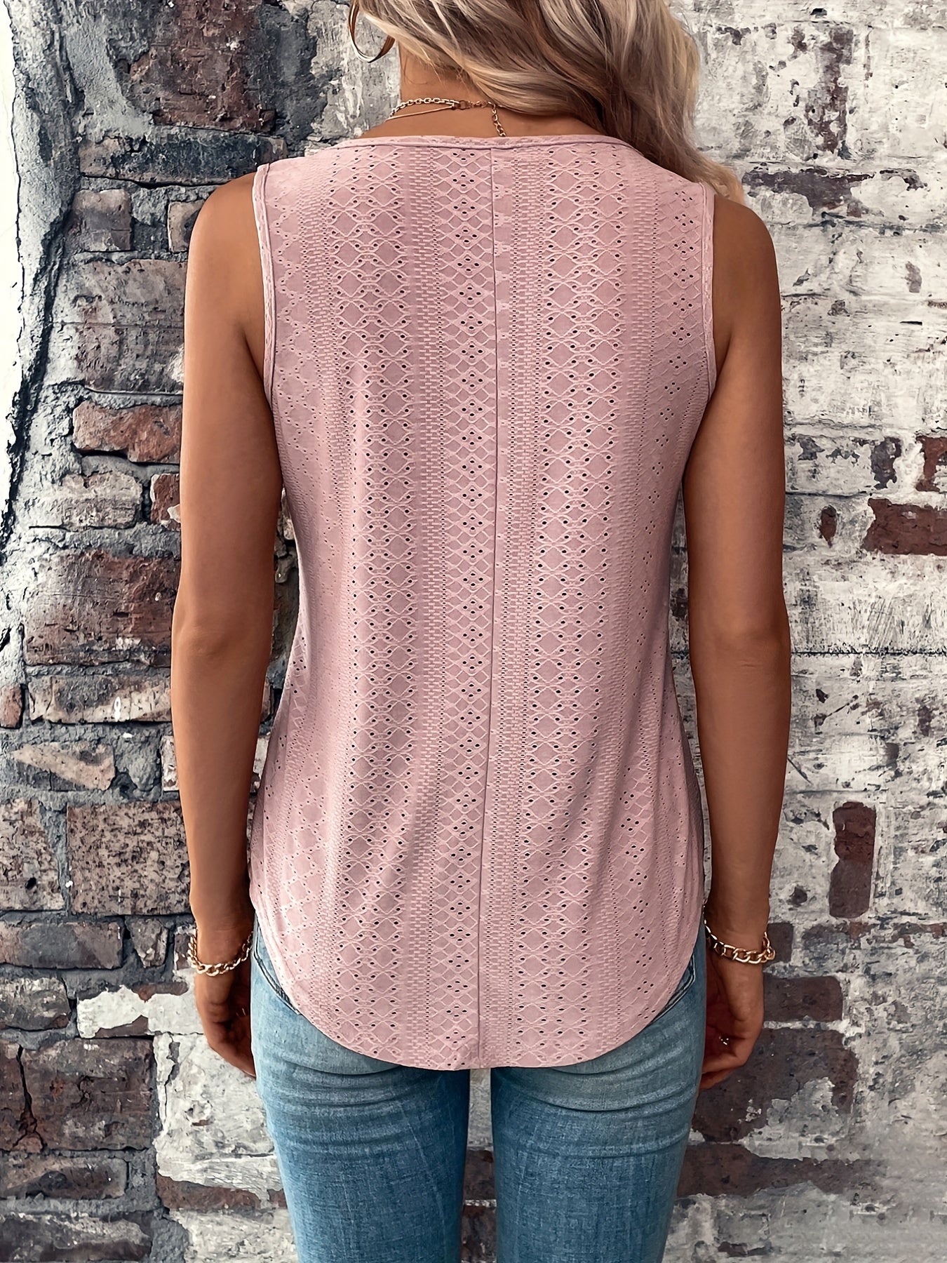 Eyelet Solid Tank Top V Neck Sleeveless Top Women's Clothing