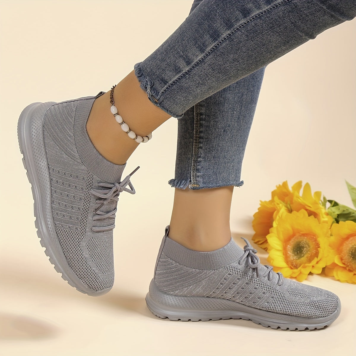 Women's Solid Knit Walking Shoes Lace Up Gym Athletic Sneakers