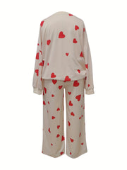 Heart Print Pullover Top & Drawstring Pants 2 Piece Set
