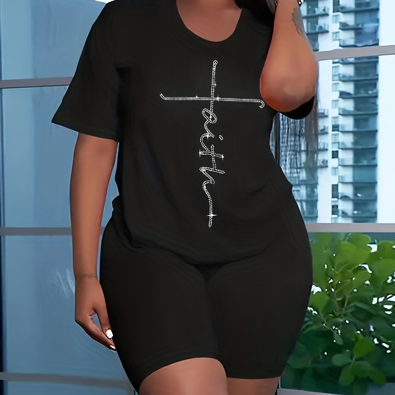 Rhinestone Letter Two piece Set Short Sleeve T shirt & Shorts Outfits