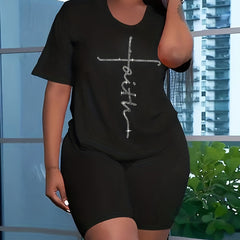 Rhinestone Letter Two piece Set Short Sleeve T shirt & Shorts Outfits