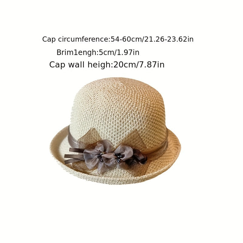Beige Crochet Bucket Hat Rolled Brim Flower Decor Sunshade Fisherman Cap