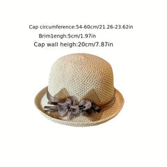 Beige Crochet Bucket Hat Rolled Brim Flower Decor Sunshade Fisherman Cap