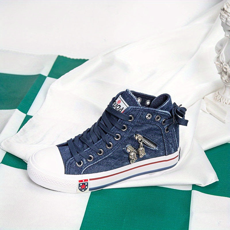 Women's Skull Zipper Denim Canvas Shoes Casual High Top Flat Shoes