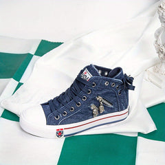 Women's Skull Zipper Denim Canvas Shoes Casual High Top Flat Shoes