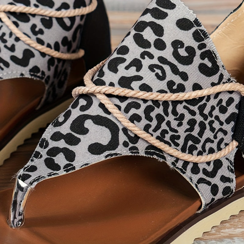 Leopard Print Thong Sandal Cross Strap Zipper Back Summer Flat Sandals Vacation