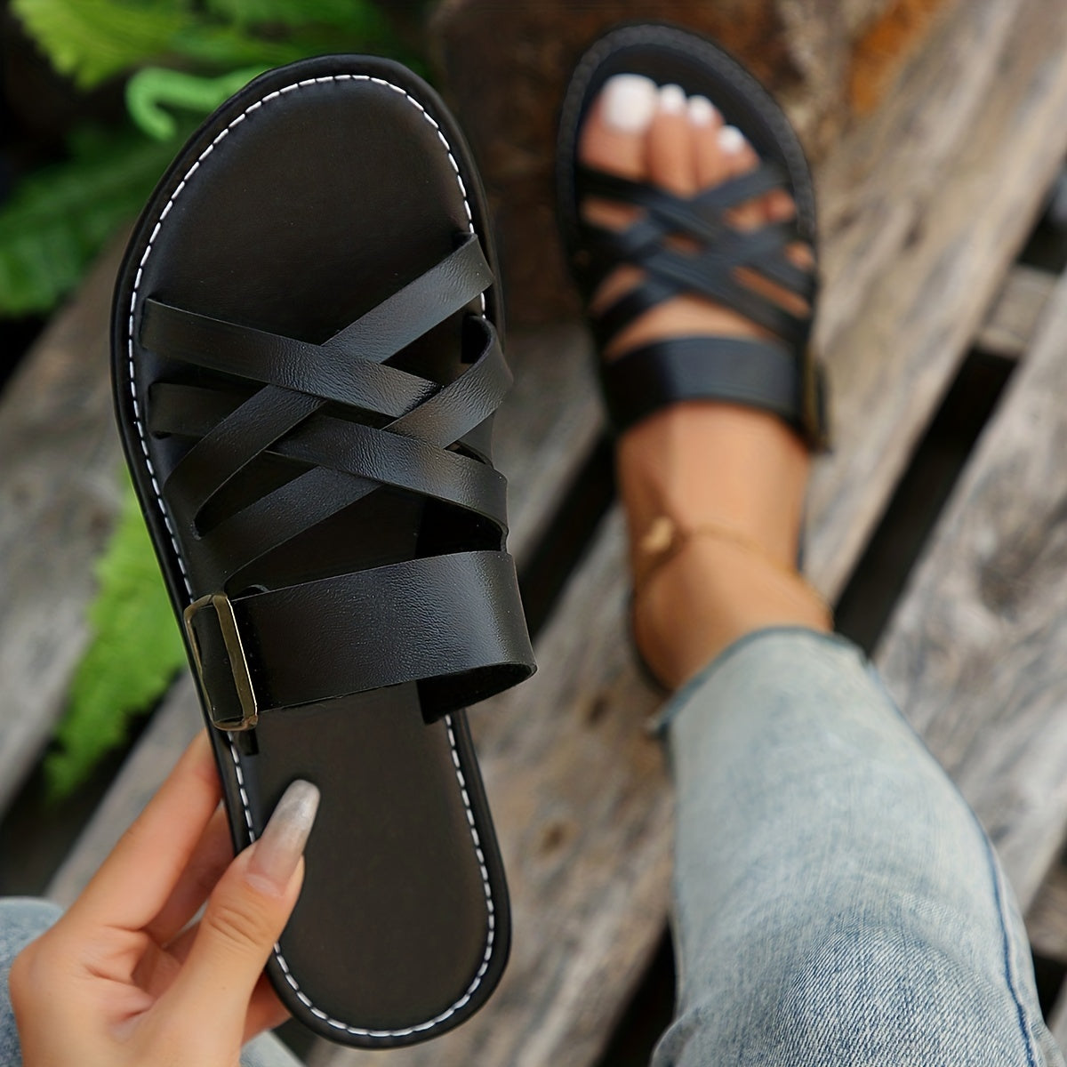 Women's Cross Straps Flat Sandals Open Toe Slip On Non slip Slides Shoes