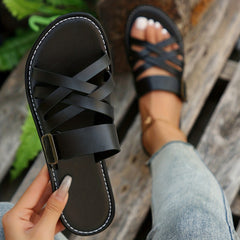 Women's Cross Strap Flat Slides Lightweight Faux Leather Shoes