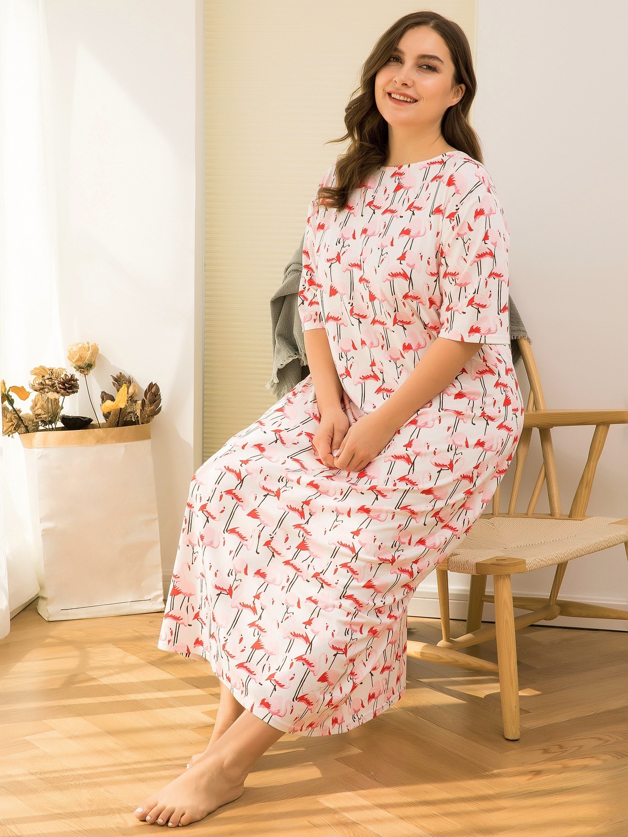 Plus Flamingo Print Short Sleeve Nightdress