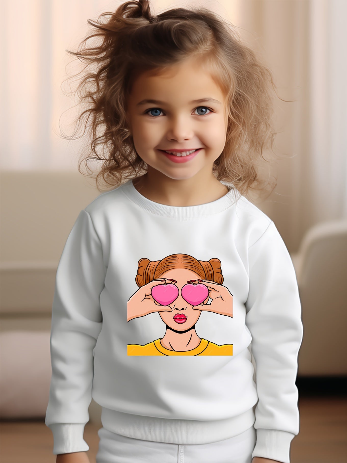 Girls Girl Pattern Crew Neck Long Sleeve Sweatshirt For Spring Fall