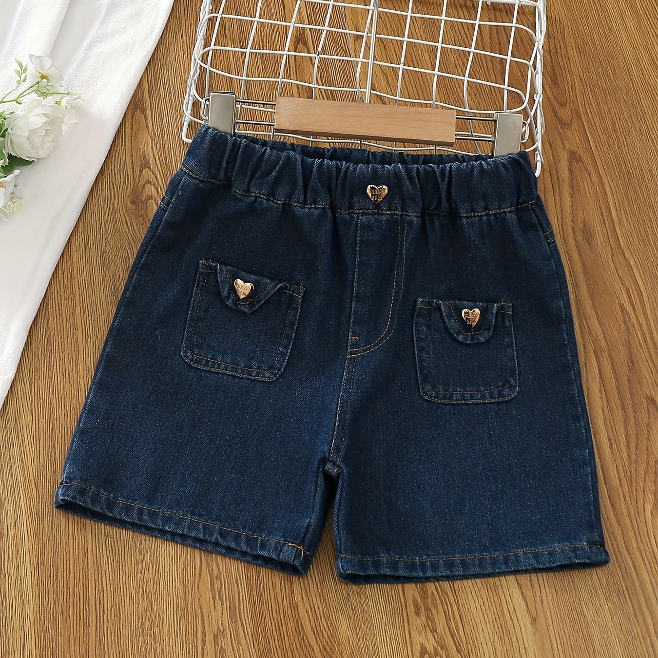 Toddler Girls Denim Shorts with Heart Button Detail
