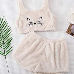 Cat Print Plush Pajama Set Tank Top & Shorts Women's Sleepwear
