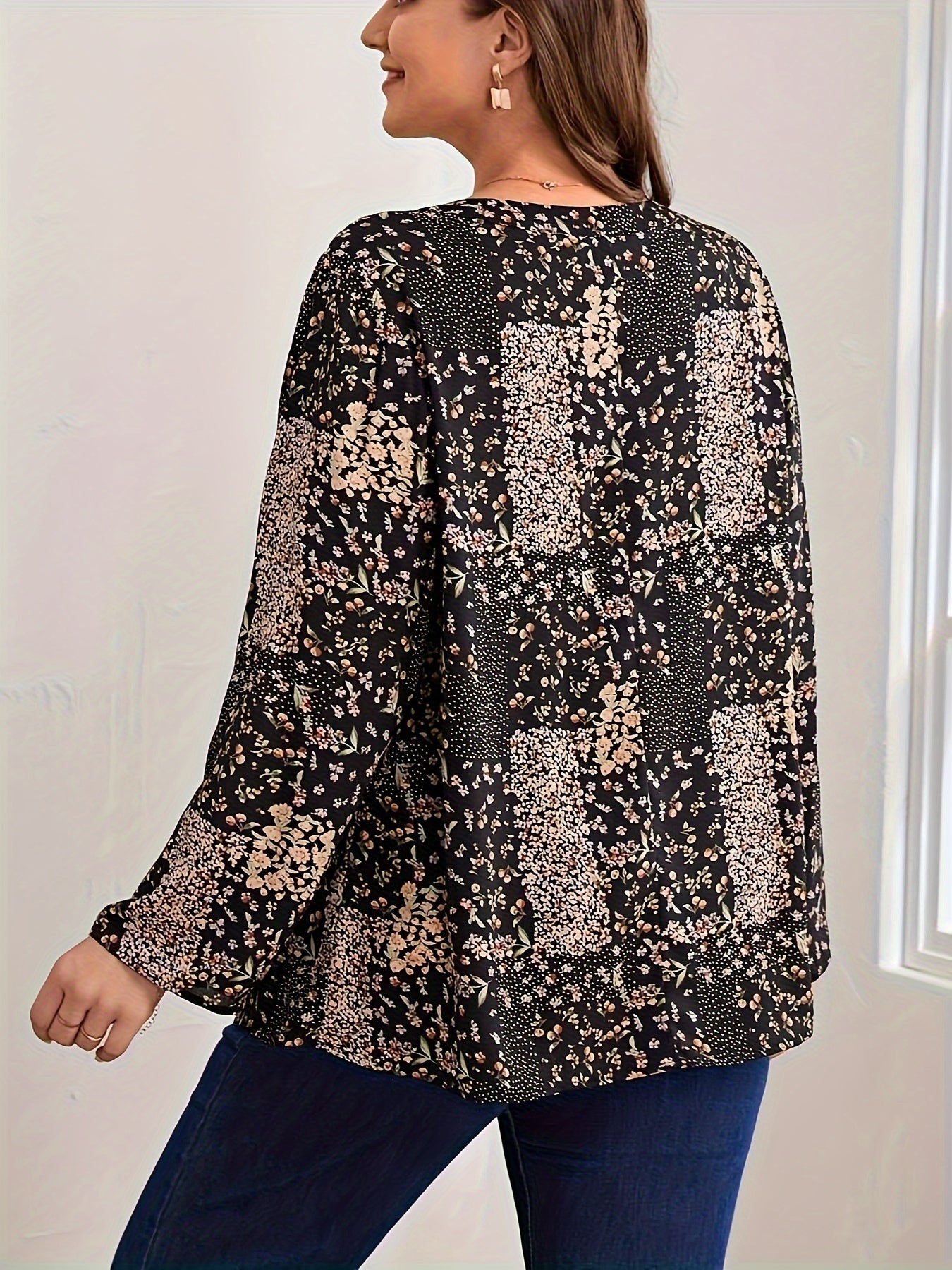 Boho Blouse Women's Plus Patchwork Print Long Sleeve Shirt Top