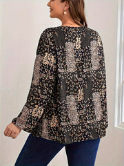 Boho Blouse Women's Plus Patchwork Print Long Sleeve Shirt Top