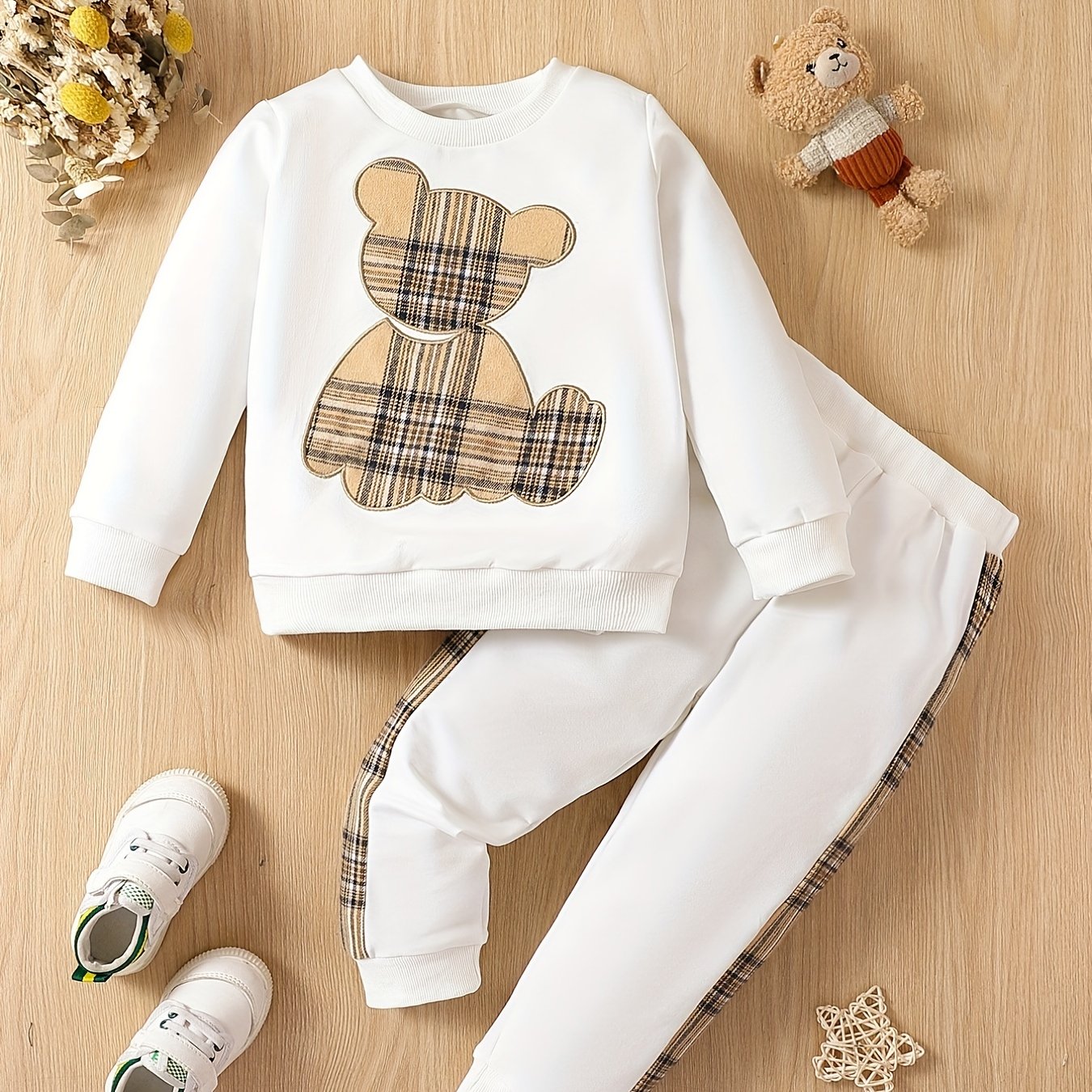 Boys 2pcs Sweatshirt & Elastic Waist Pants Plaid Bear Patched