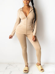 Solid Zip Up Long Sleeve Top And Pants Set