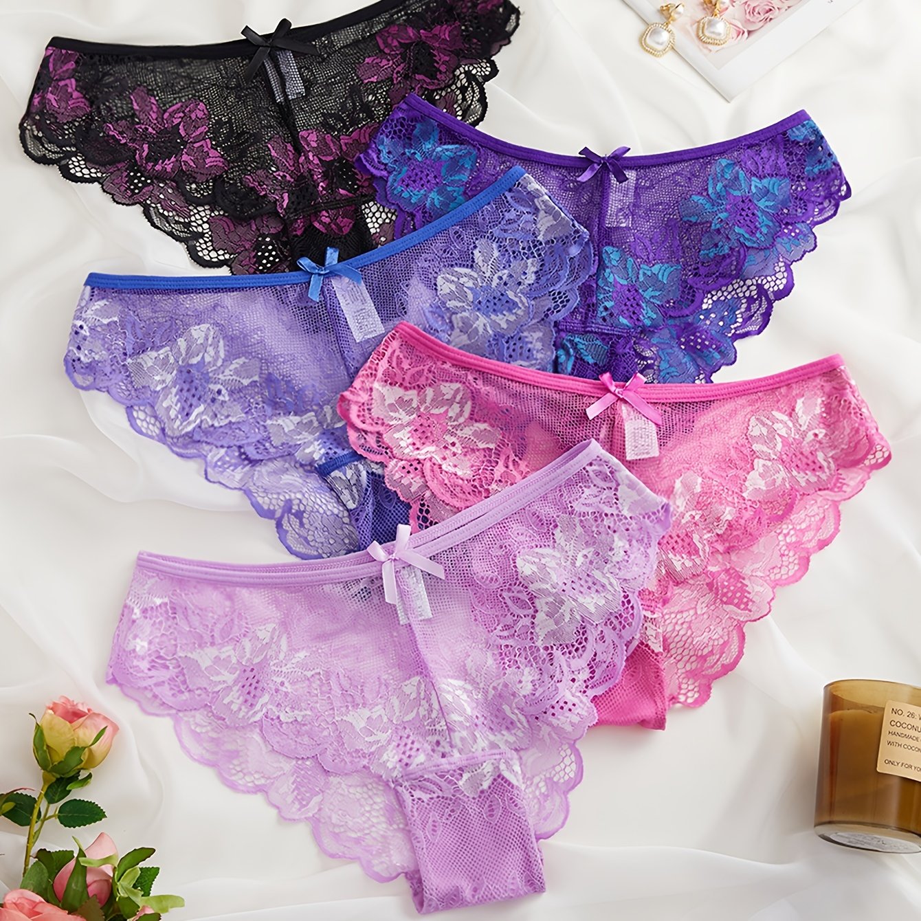 5pcs Floral Lace Trim Briefs Comfy Breathable Stretchy Intimates Panties