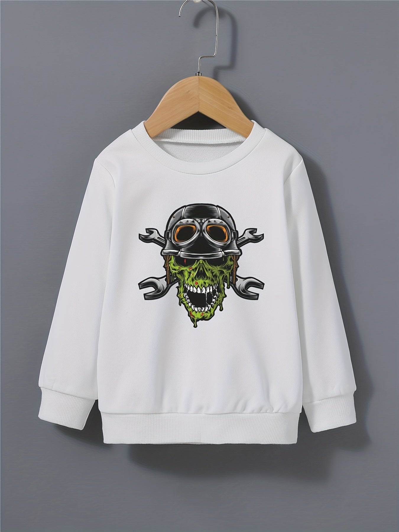 Boys Sweatshirt Helmet Skull Print Long Sleeve Pullover Top