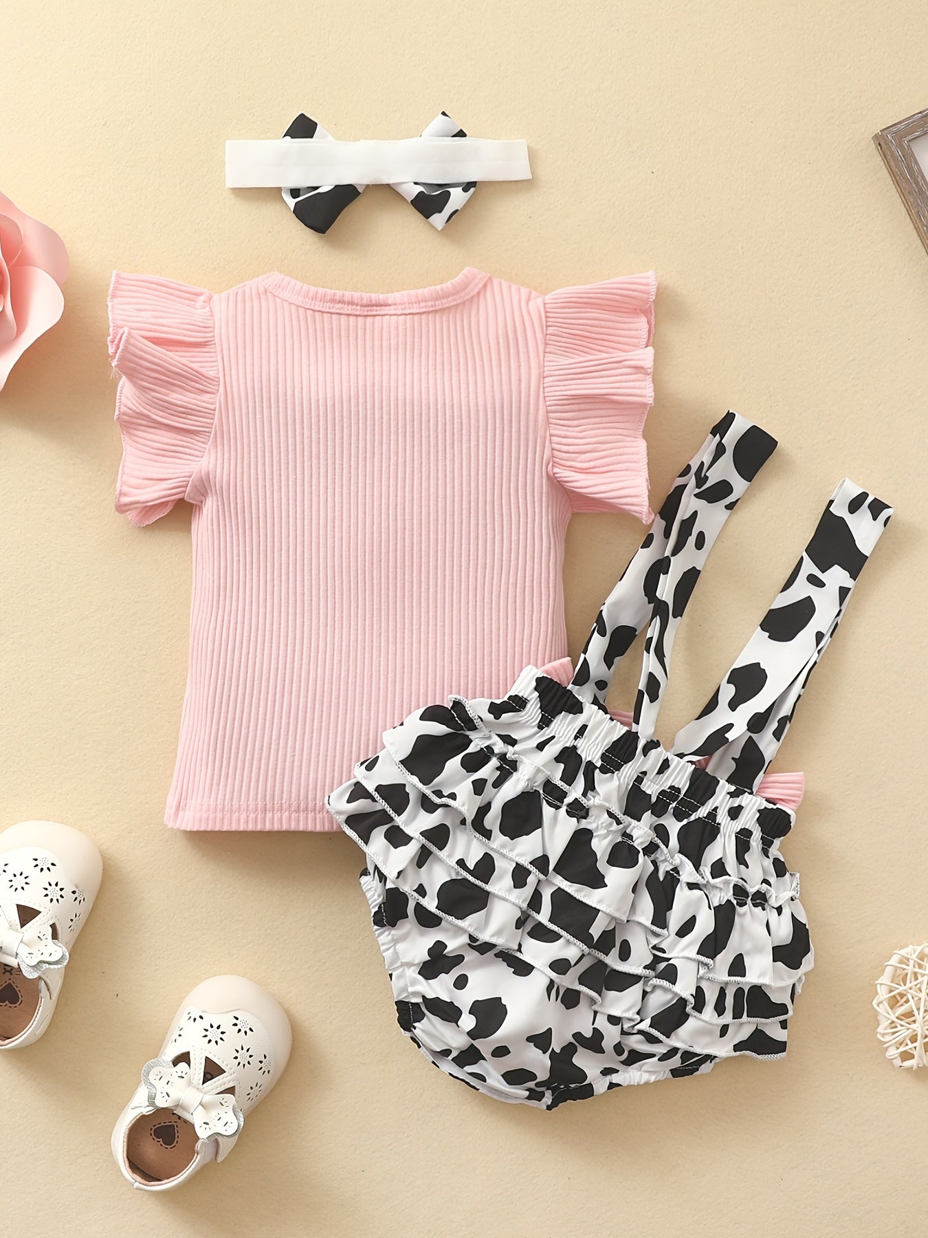 Cow Print Sleeveless Romper Set for Baby Girls
