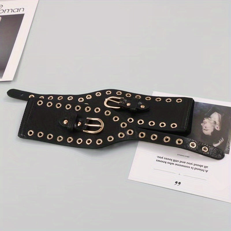 Stylish Eyelet Hollow Out Belt Double Pin Buckle Elastic PU Leather Wide Belt
