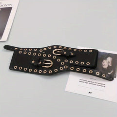 Stylish Eyelet Hollow Out Belt Double Pin Buckle Elastic PU Leather Wide Belt
