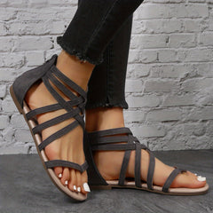 Women's Cross Strap Flat Sandals Back Zipper Open Toe Roman Style