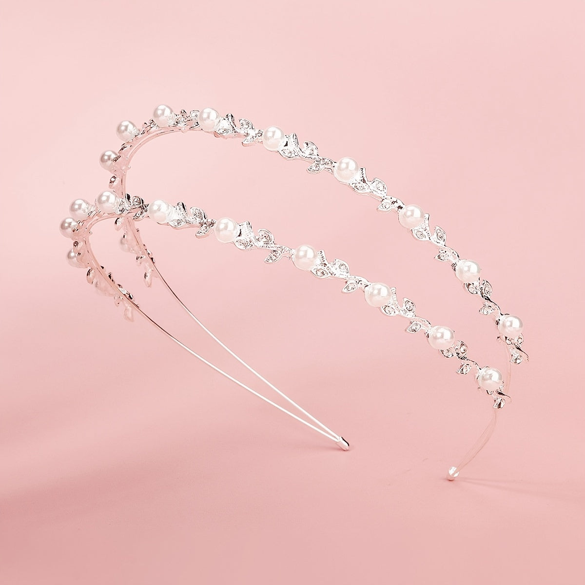 Double Layer Faux Pearls Crown Headband With Rhinestones