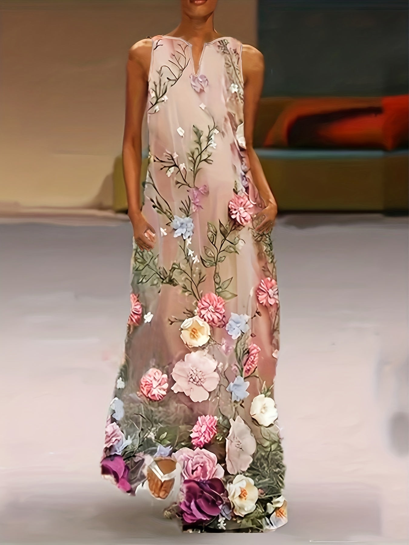 Floral Print V Neck Maxi Tank Dress Plus Size