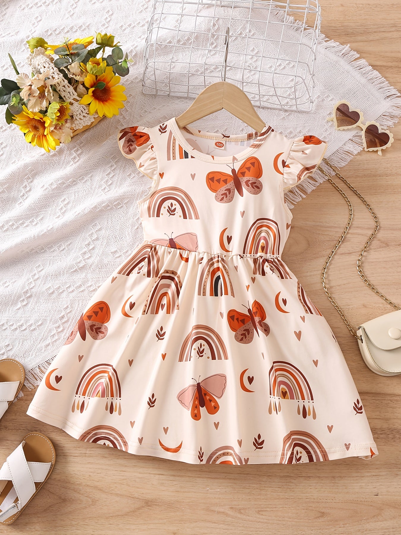 Toddler Girls Ruffle Trim Rainbow Butterfly Graphic Princess Dress