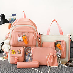 5pcs Cartoon Backpack Crossbody Handbag Set - High School Students