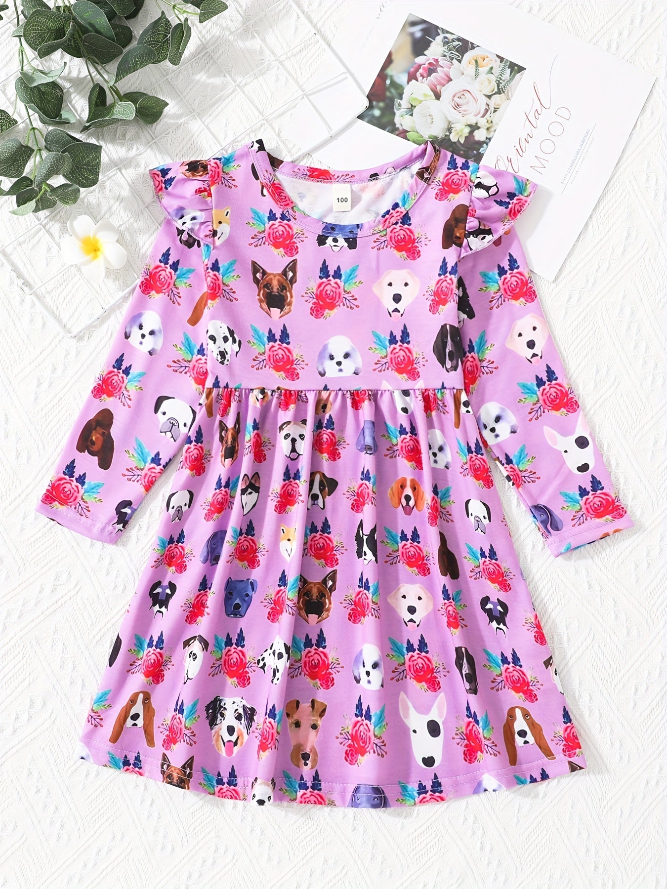 Farm Floral Animals Long Sleeve Skater Dress For Girls