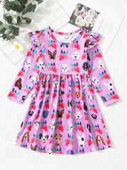 Farm Floral Animals Long Sleeve Skater Dress For Girls