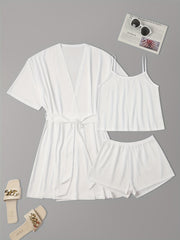 Textured Pajama Set Solid Cami Top & Shorts & Nightgown Lounge