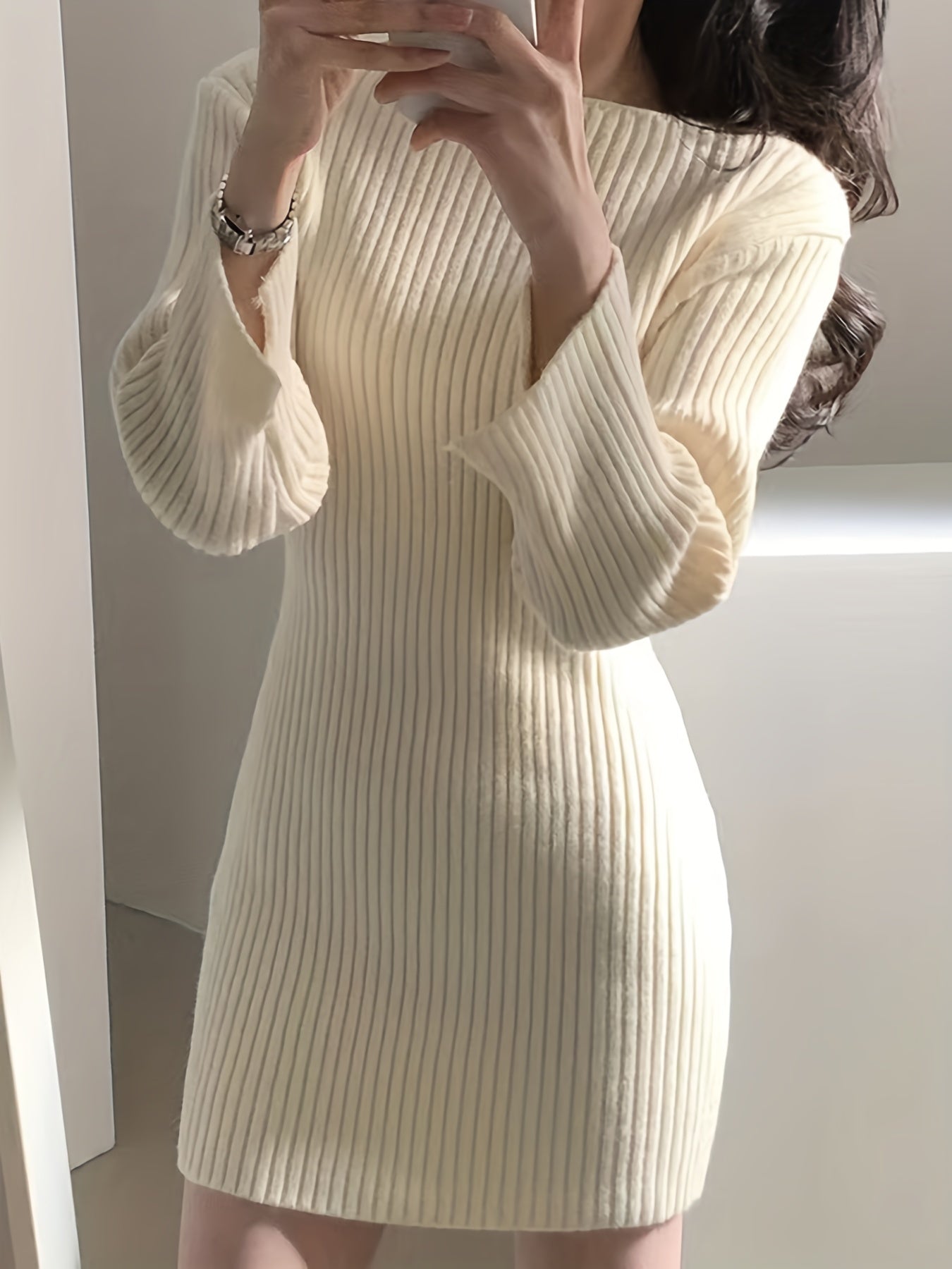 Boat Neck Sweater Dress Long Sleeve Bodycon Knitted Dress