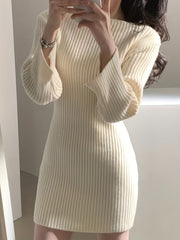 Boat Neck Sweater Dress Long Sleeve Bodycon Knitted Dress