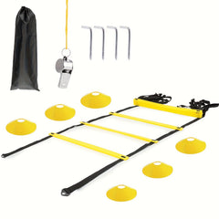 Speed Agility Ladder Set - 12 Rung Ladder, 6 Disc Cones, 4 Steel Stakes, Whistle