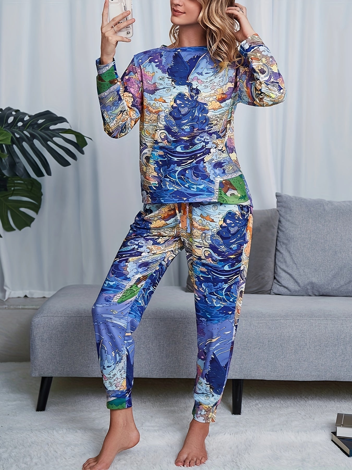 Tie Dye Print Lounge Set Long Sleeve Top & Pants Women's Loungewear