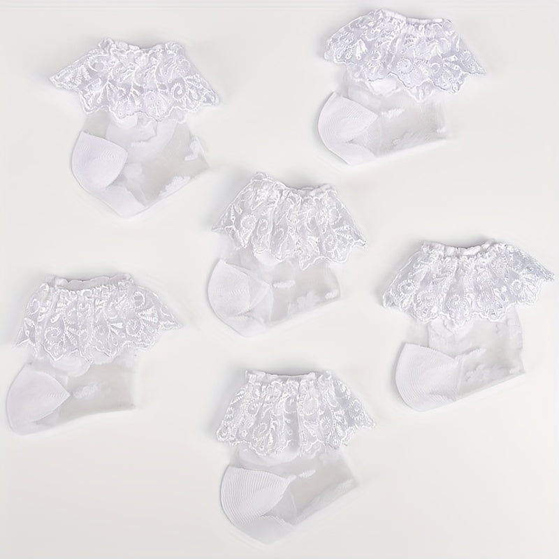 3Pairs Girls Mesh Lace Ruffle Tube Socks - Princess Crystal Breathable Socks