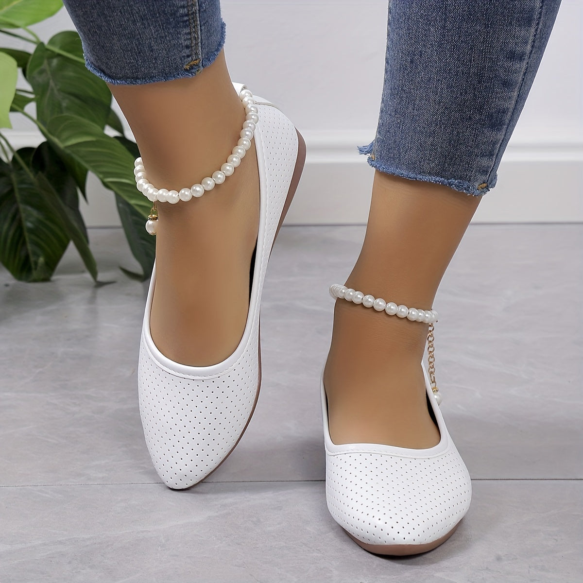 Perforated Pointed Toe Flats Faux Pearl Ankle Strap Shoes
