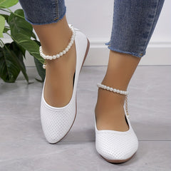Perforated Pointed Toe Flats Faux Pearl Ankle Strap Shoes