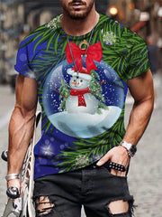 Christmas Snowman Leaves Print Men's Comfy Sports T shirt Graphic Tee
